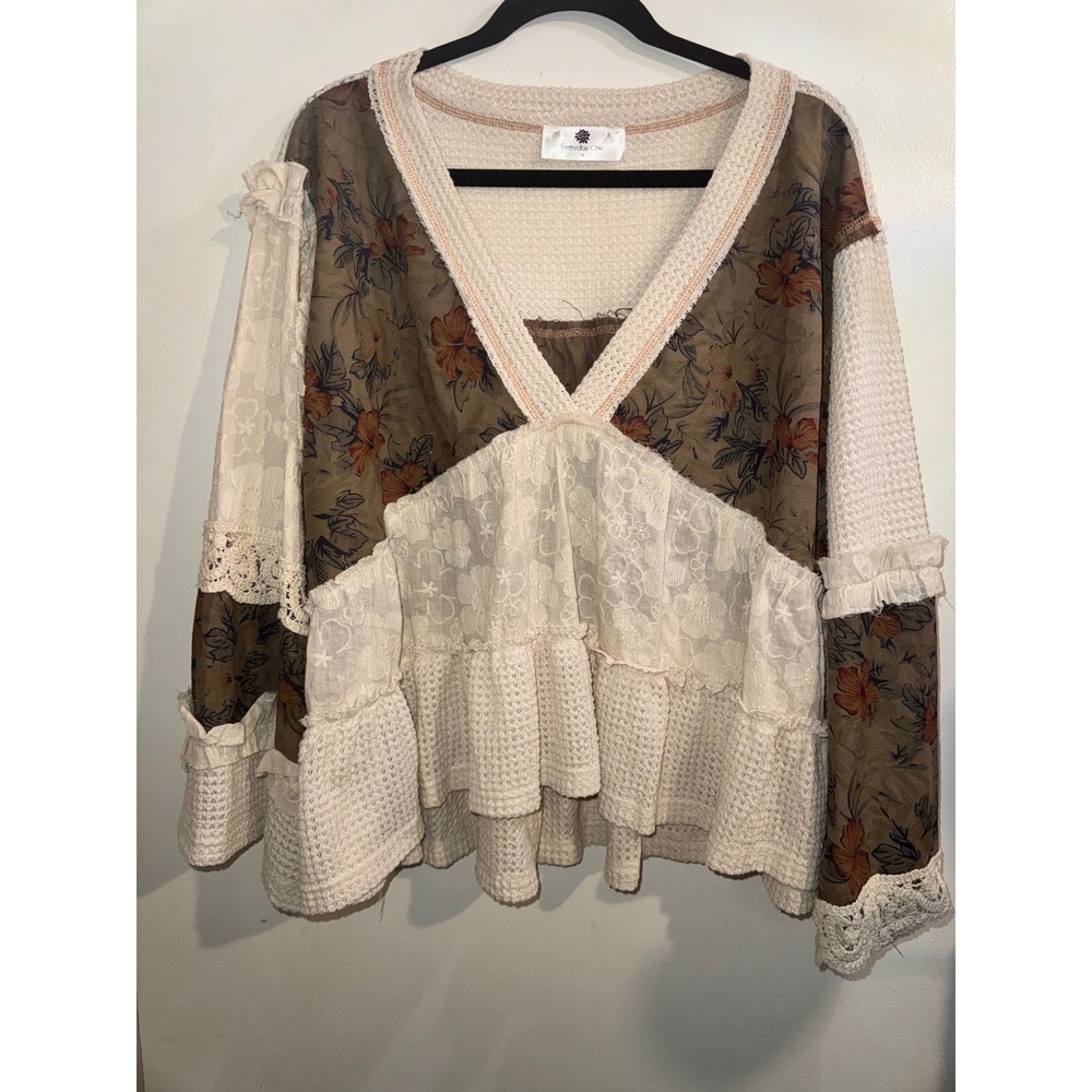 Everyday Chic Boho Patchwork Floral Waffle Knit Lace Ruffle Top Cream Olive